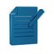 Blue Document and pen icon isolated on transparent background. File icon. Checklist icon. Business concept.