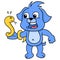 The blue dog was having a frightened face. His hand was wrapped in a poisonous snake, doodle icon image kawaii