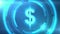 Blue dollar currency symbol on space background with circles. Seamless loop.