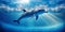 Blue dolphin underwater sunny sea. Wildlife close up marine seascape. Deep blue ocean water light rays. Nature diving