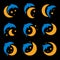 Blue dolphin, yellow moon and starry sky logo set on black background. Children night light, sleep vector illustration.