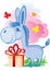 Blue donkey stands next to a box with a gift flying butterflies around, vector illustration
