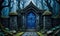 a blue door a dark forest area with a stone walkway and a stone fence