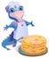 Blue dragon chef and stack of freshly prepared pancakes. Mardi Gras holiday or Russian Maslenitsa