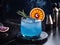 A blue drink with a slice of orange on top of it. AI generative image.