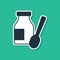 Blue Drinking yogurt in bottle with spoon icon isolated on green background. Vector