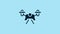 Blue Drone flying icon isolated on blue background. Quadrocopter with video and photo camera symbol. 4K Video motion