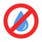 Blue drop or droplet of water in forbidding crossed out red circle on white background