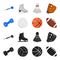 Blue dumbbell, white soccer ball, basketball, rugby ball. Sport set collection icons in black,cartoon style vector