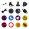 Blue dumbbell, white soccer ball, basketball, rugby ball. Sport set collection icons in black,flet style vector symbol