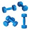 Blue dumbbells for fitness, in different positions