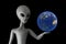 Blue Earth Globe Planet over Scary Gray Humanoid Alien Hand. 3d Rendering