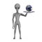 Blue Earth Globe Planet over Scary Gray Humanoid Alien Hand with Tray. 3d Rendering