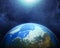 Blue earth in space art colorful solar system blue gradient wallpaper. 3D render