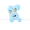 Blue Easter bunny is peeping out. Fluffy rabbit. Vector illustration with copyspace.