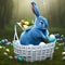 Blue easter bunny sits in a basket in a forest