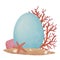 Blue Easter egg on sand beach with coral reef, starfish and seashell watercolor illustration