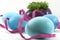 Blue easter eggs with cress and pink ribbon