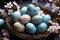 Blue eggs with pink flowers in nest a charming collection of natures beauty waiting to hatch, easter traditions photo