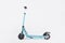 Blue electric kick scooter with seat on white background, side view