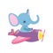 Blue elephant flying on little plane. Wild animal with large ears and long trunk. Funny aircraft pilot. Flat vector for