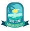 Blue emblem for Miami beach surfing theme. Vector illustration with ocean waves and palms.