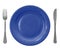 Blue empty plate with fork and knife