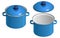 Blue enamel saucepan with lid, open and closed