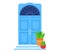 Blue entrance door with arched glass detail and potted plants outside. Home exterior design and decor vector