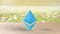 Blue Ethereum gold sign icon on blur field of flowers. 3d render isolated illustration, cryptocurrency, crypto, business,