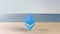 Blue Ethereum gold sign icon on wood table blur sea with the sky. 3d render illustration, cryptocurrency, crypto, business,