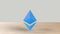 Blue Ethereum gold sign icon on wood table white background. 3d render isolated illustration, cryptocurrency, crypto, business,