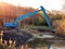 Blue excavator cleaning river in a park, Warm morning light