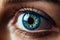 Blue eye with brown veins close-up. A woman\\\'s eye macro. Piercing look forward
