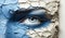 Blue eye with crackled blue and white paint. AI generated