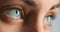 Blue eye focus, woman face zoom and eyes vision for a optometrist test of the retina. Light iris of a female with lash