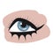 Blue eye on a white background. Womans eye. Eye makeup. Graphics. Icon, logo.