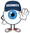 Blue Eyeball Cartoon Mascot Character Security Guard Gesturing A Stop