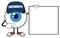 Blue Eyeball Cartoon Mascot Character Security Guard Pointing A Blank Sign Banner