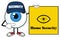 Blue Eyeball Cartoon Mascot Character Security Guard Pointing A Home Security Sign Banner