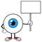 Blue Eyeball Guy Cartoon Mascot Character Holding Up A Blank Sign