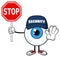 Blue Eyeball Guy Cartoon Mascot Character Security Guard Gesturing And Holding A Stop Sign