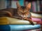 The Blue-Eyed Abyssinian Cat in a Book Nook