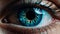 Blue eyed women staring at camera, close up of iris and eyelash