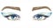 Blue eyes with makeup, blue soft wing shape eyeshadows, mascara, brown eyebrows