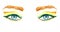 Blue eyes with makeup, orange and green wing shape eyeshadows, mascara, brown eyebrows