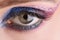 Blue eyeshadow applying makeup for eyes closeup