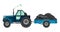 Blue farm tractor which carries a trailer. Heavy agricultural machinery for field work transport for farm in flat style