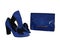 Blue female objects . Clutch patent leather and suede with a gold chain, then velvet high-heeled shoes with a black bow