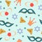 Blue festive purim seamless background. For textile, paper, packaging, wrapping paper.